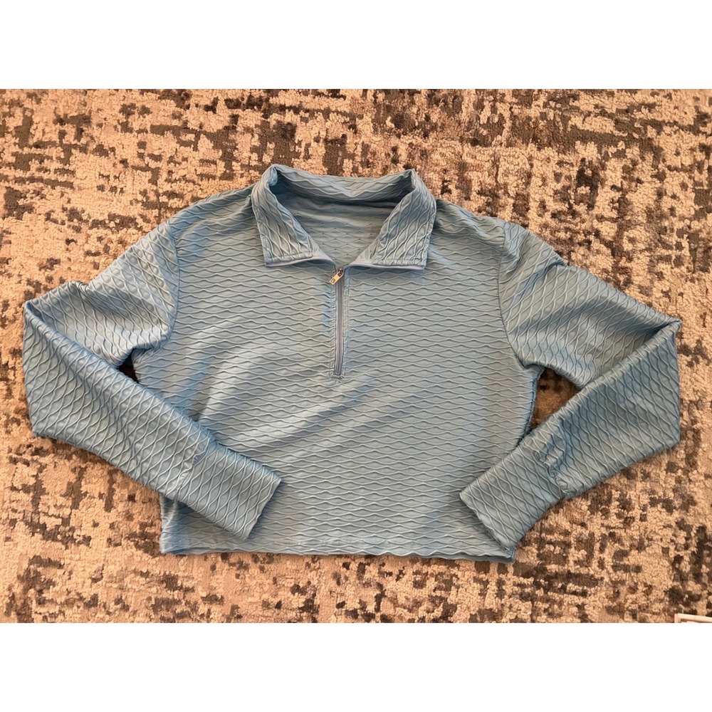 Buffbunny Collection Light Blue Bubble‎ Textured Quarter Zip Pullover XXL